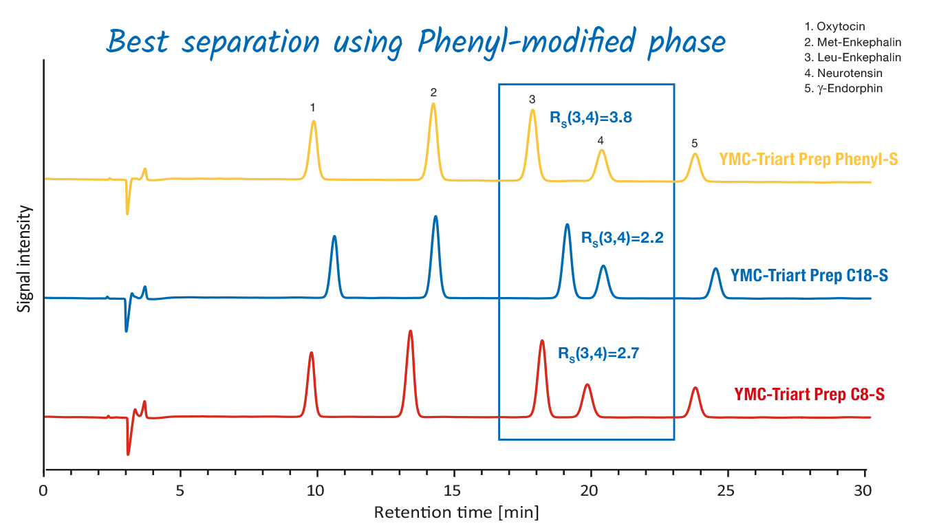 The image shows a phase screening with YMC-Triart Prep RP stationary phases to find the best selectivity for the separation of different peptides.