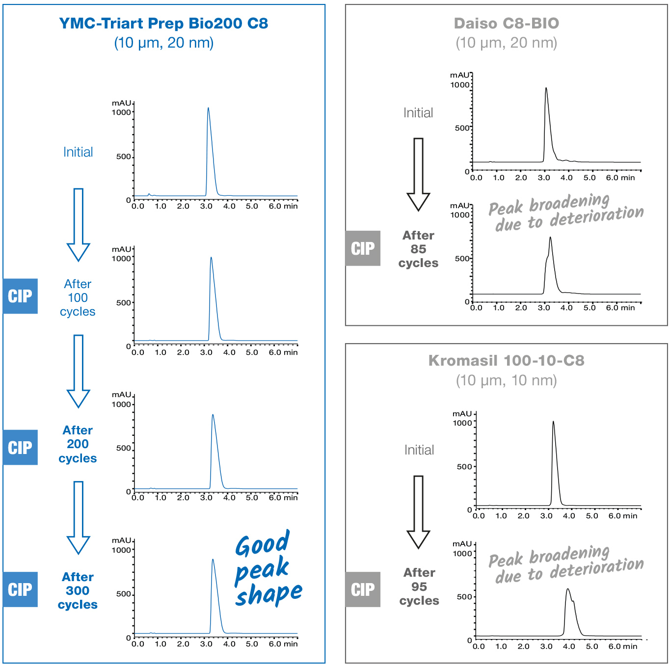 The image shows the high stability of the RP stationary phase YMC-Triart Prep Bio200 C8 towards alkaline CIP-procedures with 0.1 M NaOH compared with alternative material.